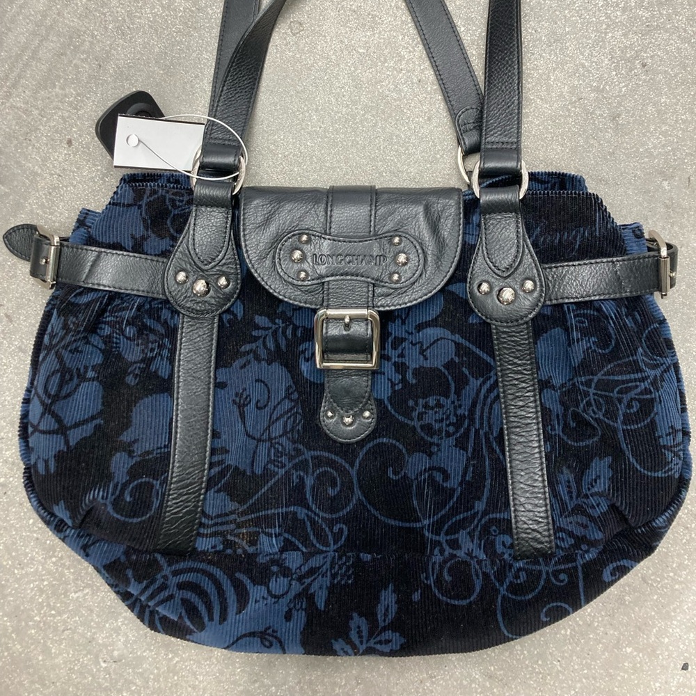Longchamp Black Leather Blue Paisley Cordurroy Fabric bag